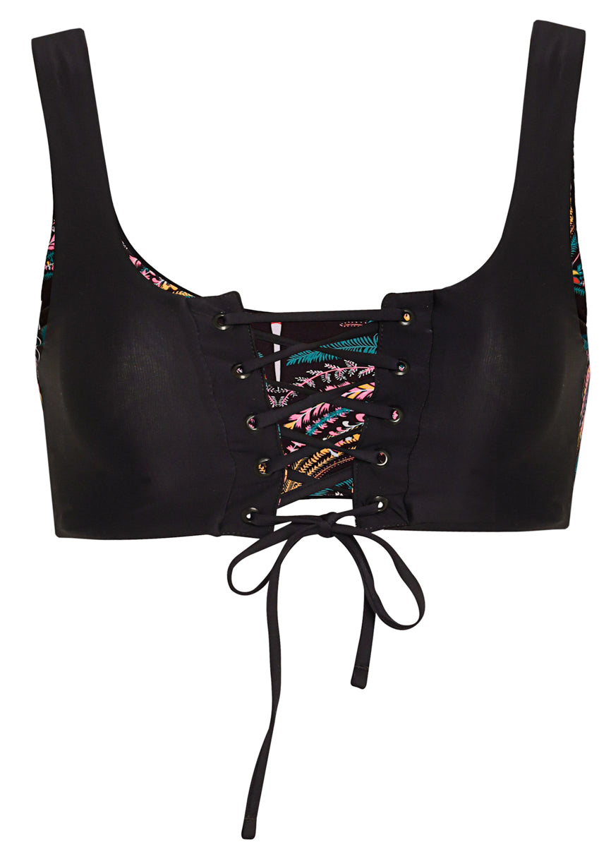 Midnight Black Dazzle Lace Up Bralette Bikini Top