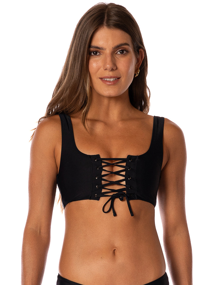 Midnight Black Dazzle Lace Up Bralette Bikini Top